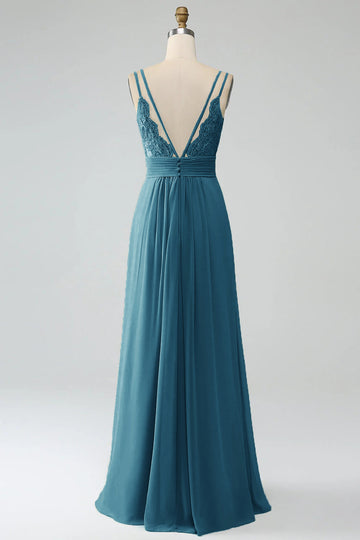 A-Line Peacock Spaghetti Straps Pleated Chiffon Long Bridesmaid Dress